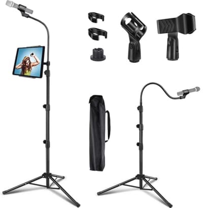 Draagbare Microfoonhouder met Telefoonhouder - Verstelbaar Zwanenhals Statief van 0,9 tot 1,8 m - Inclusief Microfoonclips