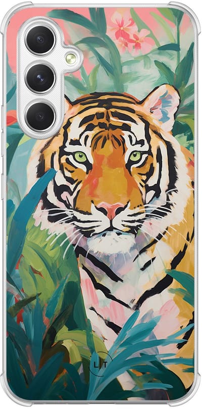 Shockproof hoesje - Geschikt voor Samsung Galaxy A54 - Tijger in de jungle - Extra sterke case - TPU/polycarbonaat - Print / Illustratie - Multi, Transparant