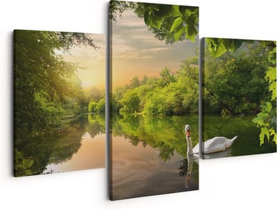 Artaza Canvas Schilderij Drieluik Zwaan op het Water in het Bos - 150x120 - Groot - Foto Op Canvas - Canvas Print