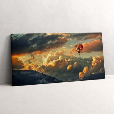 Wallfluent Foto Op Canvas Ballonvaart tussen de wolken - 100 x 50 cm - Grijs Schilderijen Op Canvas Doek - Landschappen Canvas Foto - Imitatie van een olieverfschilderij Schilderij Op Doek - Kunst Canvas Schilderij