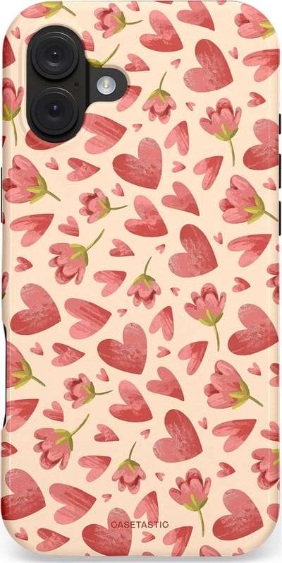Casetastic hoesje geschikt voor Apple iPhone 16 Plus - MagSafe - Dubbellaagse bescherming - Verbonden Hartjes - Fashion Case - Crème Koraal Perzik