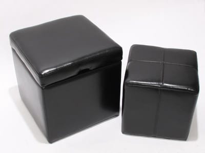 Set van 2 krukjes Zitkubus Opbergdoos Onex, leer + kunstleer, 45x44x44cm MVG-gecertificeerd ~ zwart
