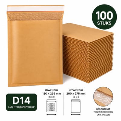 Chipa - D14 Bubbel Enveloppen - 100 stuks - Binnenmaat 180 x 265mm - Buitenmaat 200 x 275mm - Zelfklevende strip - Luchtkussen enveloppen - Verzendzakken - Bubbel enveloppen