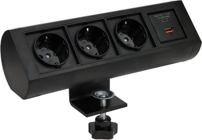 Design Light Officebox - Stekkerdoos - Verdeelstekker met 3 Stopcontacten en USB-A & C - Verdeeldoos met Tafelklem - Bureau Stekkerblok met 1,8 Meter Kabel – Zwart