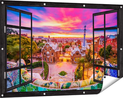 Gards Tuinposter Doorkijk Park Güell Uitzicht op Barcelona - 120x80 cm - Tuindoek - Tuindecoratie - Wanddecoratie buiten - Tuinschilderij