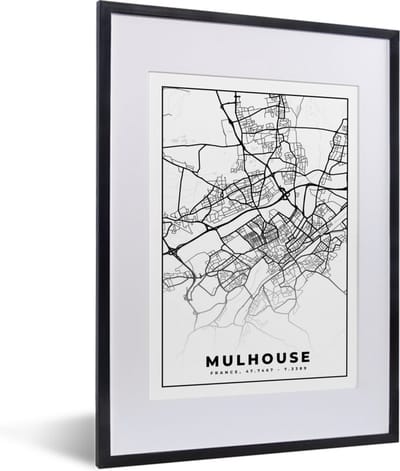 Fotolijst incl. Poster Zwart Wit- Frankrijk - Mulhouse - Kaart - Plattegrond - Stadskaart - Zwart wit - 30x40 cm - Posterlijst