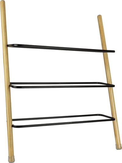 QUVIO Schoenenrek - 3 laags - Schoenenkast - Wand schoenenrek - 6/9 paar schoenen - Hout - Metaal - Lichtbruin - Zwart - 17,5 x 66,5 x 83 cm