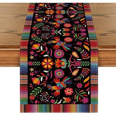 Mexicaanse Otomi Bloemen Vogel Tafel Runner, Polyester Waterdichte Tafelkleed, Cinco de Mayo Feest Keuken Eetkamer Decor 33x230cm brown
