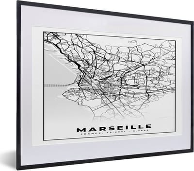 Fotolijst incl. Poster Zwart Wit- Marseille - Kaart - Stadskaart - Frankrijk - Plattegrond - Zwart wit - 40x30 cm - Posterlijst