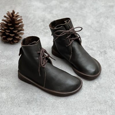 Dames Leren Enkellaarzen Handgemaakt Retro Britse stijl Vetersluiting Ronde Neus Platte Enkellaarzen Luxe Dames Korte Laarzen 40 gray