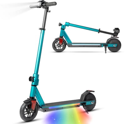 Elektrische kinderstep model 2010 – Elektrische kinderstep – Topsnelheid 14 km/u – Opvouwbaar – Topsnelheid 15 km/u – In hoogte verstelbaar – Gekleurde verlichting – Elektronisch remsysteem (EBS) + voetrem – LED-display - blauwgroen