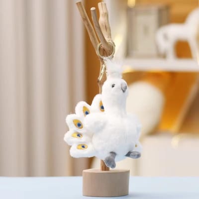 Peluche Coton PP Paon Pendentif Porte-clés Pelucheux Confortable Porte-clés Paon Peluche Décoration Suspendue Animal en Peluche Pendentif Sac blanc