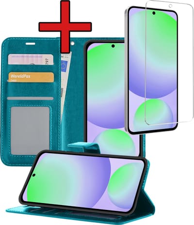 Hoesje - Met Screenprotector - Geschikt voor Samsung Galaxy S24 FE - Luxe Pasjeshouder - Flipcase - Bookcase Portemonee - Flip Case - Kunstleer Book Case - Book Cover - Walletcase - Portemonneehoes - Telefoonhoes - Turquoise