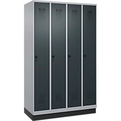 C+P Evolo Plus kledingkast, 4 vakken, 300 mm vakbreedte, met plint, rechts scharnierend, soft-close, inbraakwerend, B 1200 x D 500 x H 1950 mm, veiligheidsslot met draaigrendel, blank aluminium RAL 9006/antracietgrijs RAL 7016