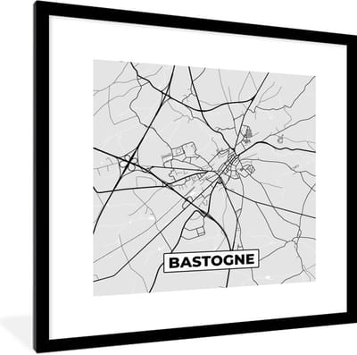 Fotolijst incl. Poster Zwart Wit- Zwart Wit – België – Plattegrond – Stadskaart – Kaart – Bastogne - 40x40 cm - Posterlijst