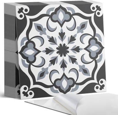 Coloray Plaktegels - Bloemenpatroon met ornamenten Zelfklevende Tegels - 20 cm x 20 cm - Zwart Plaktegels - 20 stuks - Vierkant PVC Tegels - Plaktegels Badkamer - Plaktegels Vloer - Vinyltegels Vloer Zelfklevend - Wandtegel Zelfklevend