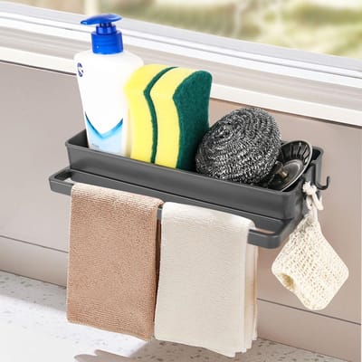 Dailygoods- Keukenspoelbak-Organizer met Lekbak - Sponshouder - Wandorganizer - 2 Haken - Afneembare Staafjeshouder - Draagvermogen 20 kg