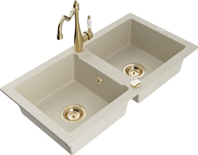 Mexen Mario granieten gootsteen 2-kamerig met keukenmengkraan Carla, beige - 6504-69-670700-50