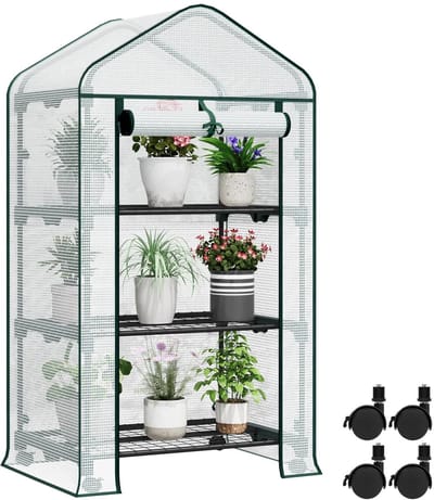 Stervia Tuinkas - Kweekkas - Broeikas - 3 Laags Verstelbare Planken - Op Wielen - Oproldeur - PE Gaasdoek - Wit - 70 x 130 x 50 cm