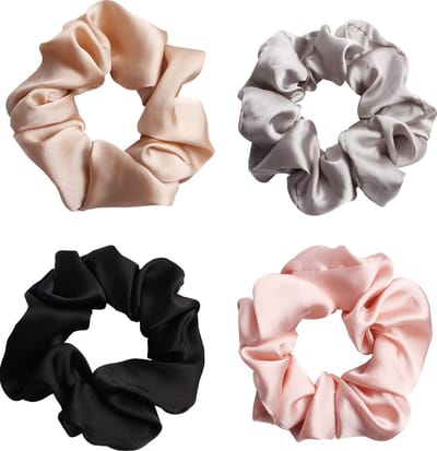 Somstyle Haar Scrunchies Set - 4 Stuks - Satijn Elastiek - Dames Haaraccessoires - Zwart, Roze, Champagne & Zilverkleurig