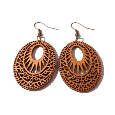 Aramat Jewels | Oorhangers | Oorbellen – Elegante Houten Oorhangers Ovaalvorm Bruin Opgewerkt Motief Dames | | | |30mm | Hout | Volwassenen | Verkleurd niet