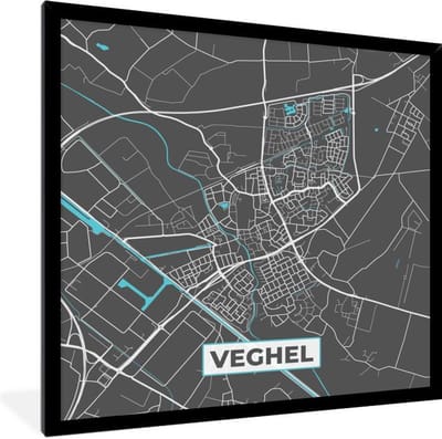 Fotolijst incl. Poster - Plattegrond - Veghel - Grijs - Blauw - 40x40 cm - Posterlijst - Stadskaart