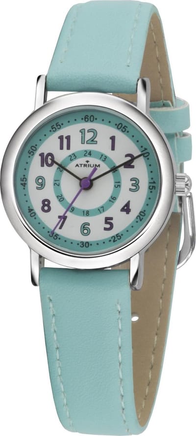ATRIUM - Horloge Kind - Kinderhorloge - Meisjes - Lichtblauw / Mint - 5 bar Waterdicht - Leercijferblad - Leren - Duidelijk - Verstelbaar Bandje - Quartz Uurwerk - Edelstalen Sluiting - A31-106