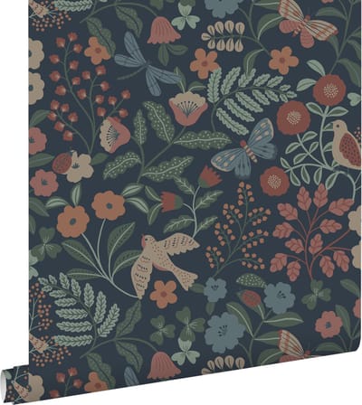 ESTAhome behang bloemen en vogels donkerblauw, roze en groen - 53 cm x 10.05 m - 139870