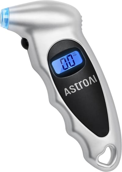 AstroAI Digitale bandenspanningsmeter, 150 psi, 4 instellingen voor auto, vrachtwagen, fiets, met LCD-achtergrondverlichting en antislip grip bandenspanningscontrole (zilver)