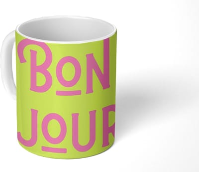Mok - Koffiemok - Groen - Roze bonjour - art-deco - Mokken - 350 ML - Beker - Koffiemokken - Theemok