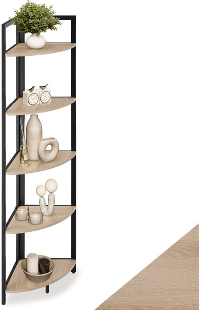 tectake® Hoekkast met 5 Lagen Houten Boekenkast in Industriële Stijl 30 x 30 x 150 cm Staande kast voor Woonkamer Slaapkamer Keuken Kantoor Zwart Metalen Frame (lichtbruin)
