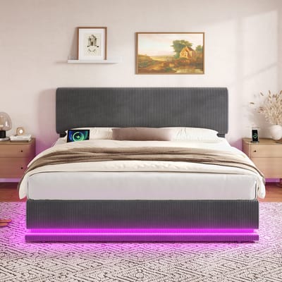 VVBV Gestoffeerd Opbergbed 140x200 cm - Opbergruimte, LED-Verlichting, USB-C, Lattenbodem, Verstelbaar Hoofdbord - Grijs