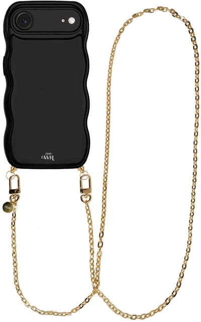 xoxo Wildhearts Glossy Wavy Cord Case Zwart - Geschikt voor iPhone 17 Air - Dreamy - Lang koord - Glimmend telefoonhoesje met golven - Hoesje met koord - Gouden ketting - lang telefoonkoord - Zwart hoesje - Lange variant koord