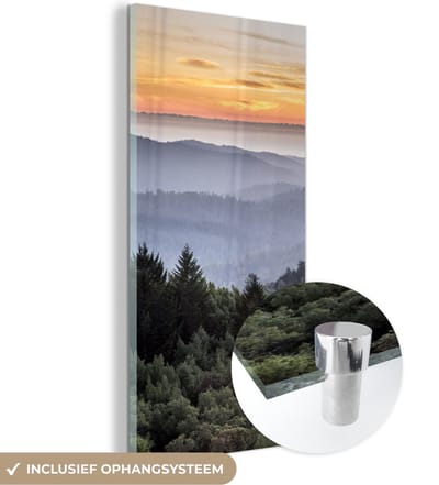 MuchoWow® Glasschilderij 20x40 cm - Schilderij acrylglas - Bergen - Zon - Bos - Landschap - Foto op glas - Schilderijen