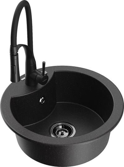 Mexen Diego granieten spoelbak 1-komor met keukenmengkraan Aster, zwart/zilver metallic - 6512-73-73450-70-B