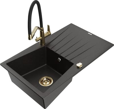 Mexen Cesar granieten spoelbak 1-komerig met afdruipplaat en keukenkraan Duo, zwart/gouden metallic - 6514-75-671701-57-G