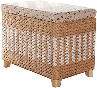 Rotan opbergmand - Rieten voetenbank - Woonkamer organisatie - Massief houten basis - 60x30x40cm - Natuurlijk