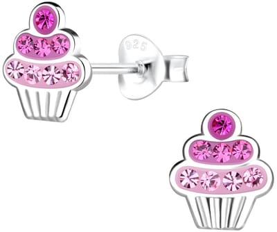 Joy|S - Zilveren cupcake oorbellen - 7 x 8 mm - zilver met roze kristal - kinderoorbellen