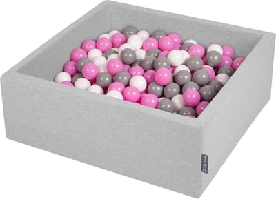 KiddyMoon Ballenbak vierkant voor kinderen 90x30cm - 300 kleurrijke ballen ∅7cm - Speelgoed baby schuim - Ballenbad baby foam - Kunststof ballen - Ballenbak ballen - Voor sensorische - Lichtgrijs: Grijs Wit Lichtroze