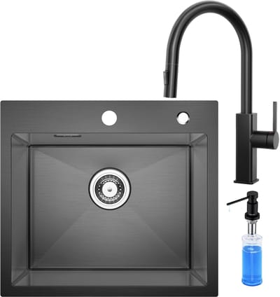 CECIPA max Spoelbak voor keuken 50x45CM - Spoelbakken Keuken Met Uittrekbare Uitloop Keukenkraan en Zeepdispenser 300ML - Enkele Spoelbak Antraciet - Spoelbakken Incl. Sifon en Afvoerzeefje