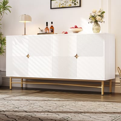 KOMHTOM Dressoir met reliëfstructuur 160 cm, kast met vier deuren, goudkleurige geborstelde handgrepen en hoogglans tafelpoten, wit, 160×40×82 cm