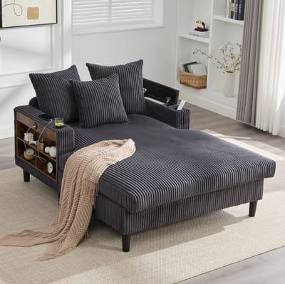 MODENUIT Chaise Longue 129 x 170 cm - Met Led, Usb, Opbergruimte En Bekerhouders - Voor Woonkamer - Ribfluweel Donkergrijs