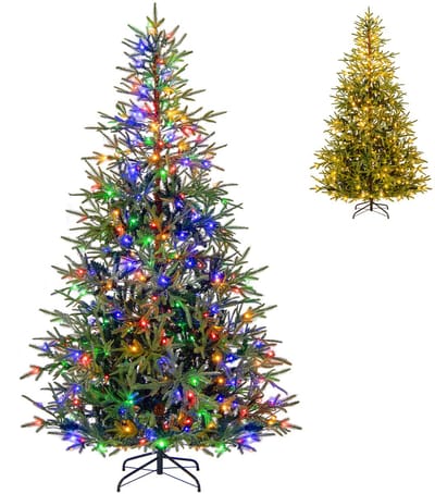 COSTWAY Kunstkerstboom van 210 cm met verlichting, dennenboom met 300 veelkleurige ledlampen, 11 modi en 678 PE-takken, kerstboom, kunstboom voor thuis, kantoor, groen