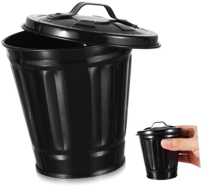 Metalen Prullenbak - Afvalbak Deksel - Bureau Organisatie - Compact Design - 11 cm Hoog - Zwart