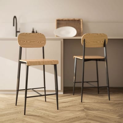 MODFU - Barkrukken Set Van 2 - Met Voetsteun - Industrieel - Voor Keuken Of Thuisbar - Staal - Natuurlijke Houtkleur - 66 Cm