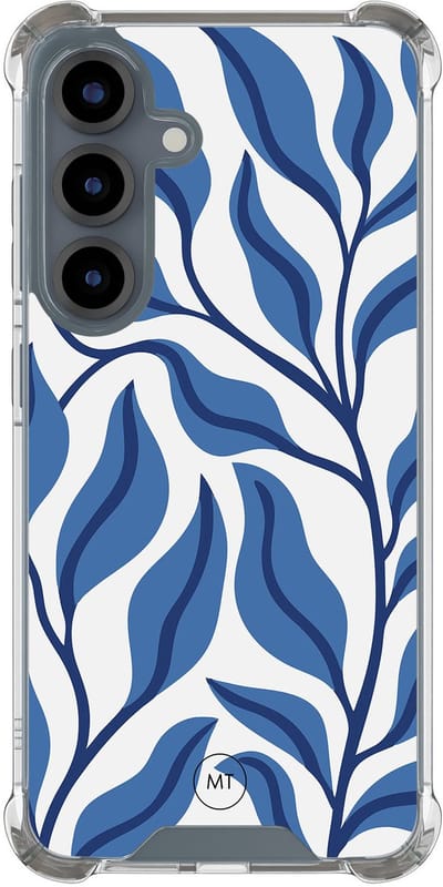 Hoesje (shockproof) geschikt voor Samsung Galaxy S25 - Blue leaves - Extra sterke case - TPU/polycarbonaat - Print - Blauw, Transparant