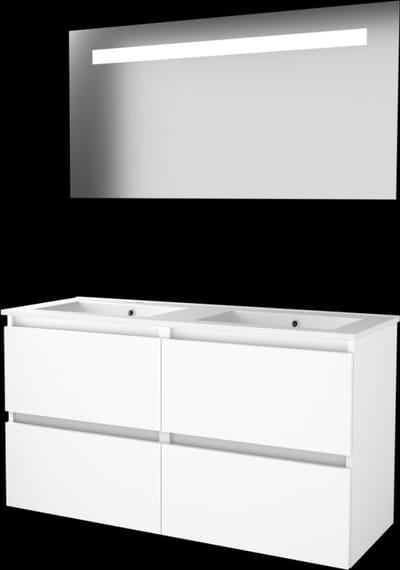 Basic-Line Economic 46 Badkamermeubelset - 120 x 46 cm - Greeploos - 4 Lades - Keramische Wastafel - 2 Kraangaten - Spiegel met LED Verlichting - Ice White