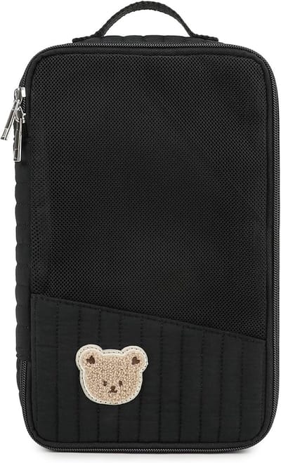 Zwarte Katoenen Gewatteerde Beertje Applicatie Baby Luier Opbergtas 29×5×17,5cm | Ademend Gaas Reisopzak met Dubbele Rits en Bovenste Draaglus