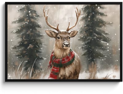 Poster in lijst - Fotolijst 120x80 cm - Posters - Winter - Bos - Rendier - Donker - Posterlijst zwart - Decoratie - Wanddecoratie woonkamer - Muurdecoratie slaapkamer