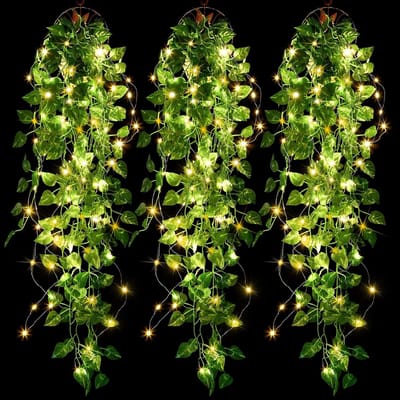 SnelShoppen - 3 Stuks Kunstmatige Hangende Planten 1,1 m Nep Klimop Wijnstok met 30 LED Snaren voor Huis, Tuin, Bruiloft Decoratie - Levendige Groene